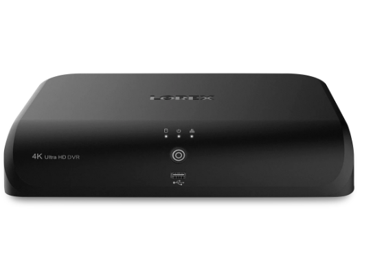 Black Lorex 4K DVR System with Ultra HD capabilities and front USB port, designed for wired and Wi-Fi Fusion camera integration.