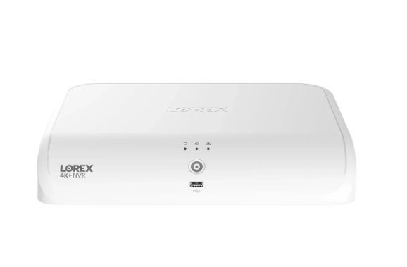 Front view of the Lorex 4K NVR Camera System in white, showcasing its sleek design, USB port, and status indicator lights.