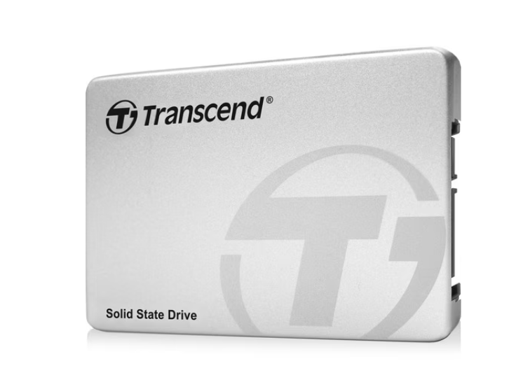 Angled view of the Transcend SSD370 2.5" internal solid state drive featuring a sleek silver casing and SATA interface.