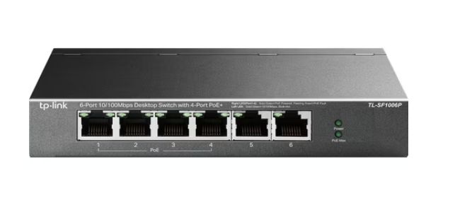Front view of the TP-Link TL-SF1006P 6-Port PoE Switch showing 4 PoE+ Ethernet ports and 2 uplink ports – TP-Link PoE switch.
