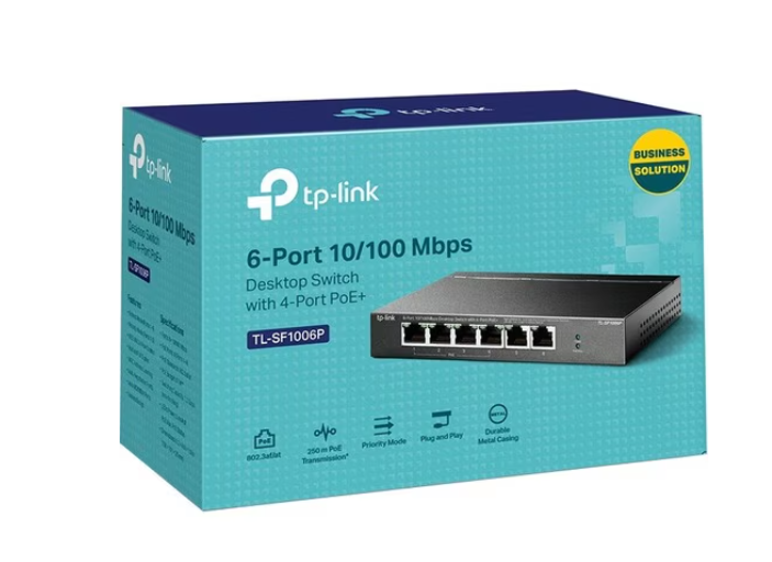 Retail packaging of the TP-Link TL-SF1006P 6-Port 10/100 Mbps PoE+ Switch featuring plug-and-play setup, durable metal casing, and priority mode – TP-Link PoE switch.
