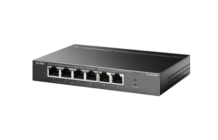 Angled front view of the TP-Link PoE switch (TL-SF1006P) showing all six Ethernet ports, including four PoE+ ports, in a compact metal desktop casing.