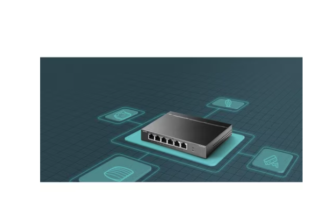 Digital concept image of the TP-Link PoE switch displayed on a virtual grid background, highlighting connectivity and smart networking features.