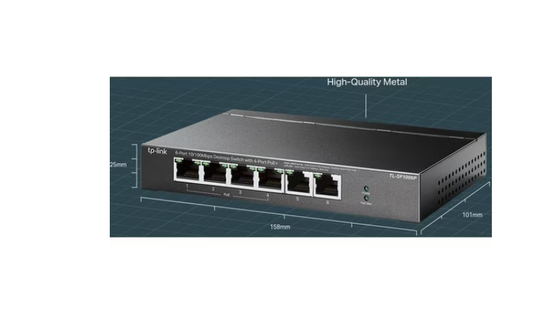 TP-Link PoE switch TL-SF1006P shown with dimensions (158mm x 101mm x 25mm) and labeled high-quality metal housing.