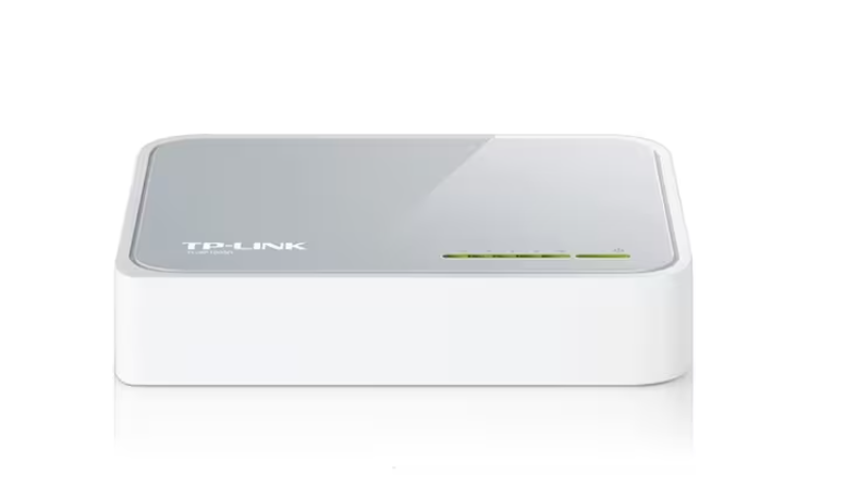 Front view of TP-Link Ethernet switch with LED indicators, showcasing its compact and modern fanless desktop design.