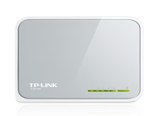 Top view of TP-Link Ethernet switch TL-SF1005D displaying LED indicators and sleek, fanless desktop design.