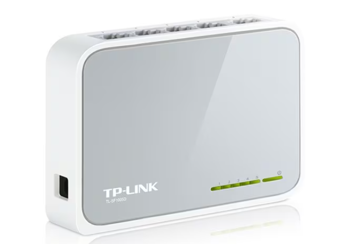 Side angle of TP-Link Ethernet switch TL-SF1005D featuring 5 ports and modern vertical design for compact network setups.