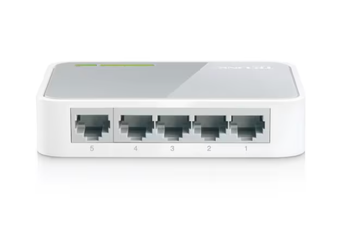 Close-up of TP-Link Ethernet switch TL-SF1005D showing five 10/100 Mbps RJ45 ports for high-speed wired connections.