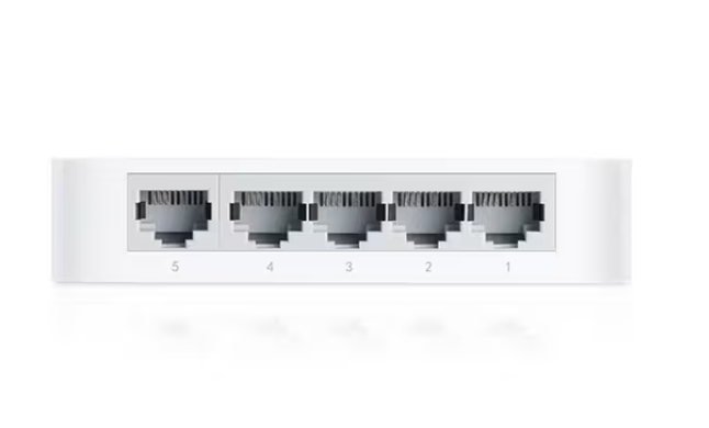 Rear view of TP-Link Ethernet switch TL-SF1005D highlighting five Fast Ethernet RJ45 ports for wired network connectivity.