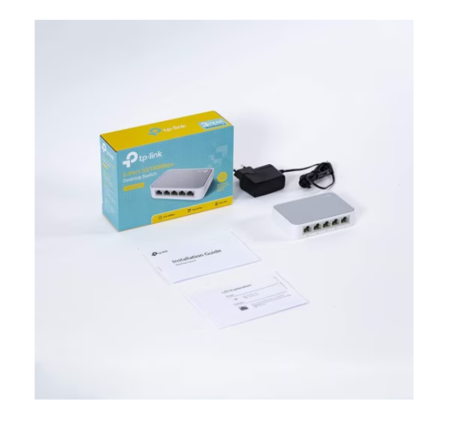 TP-Link Ethernet switch TL-SF1005D retail box contents including the 5-port switch, power adapter, and setup guides.