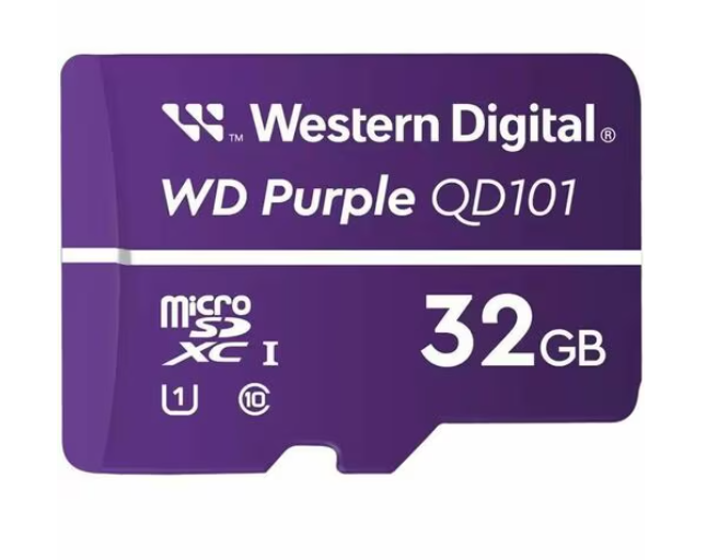 Close-up image of a WD card – specifically the Western Digital WD Purple QD101 32GB microSDXC, designed for surveillance storage