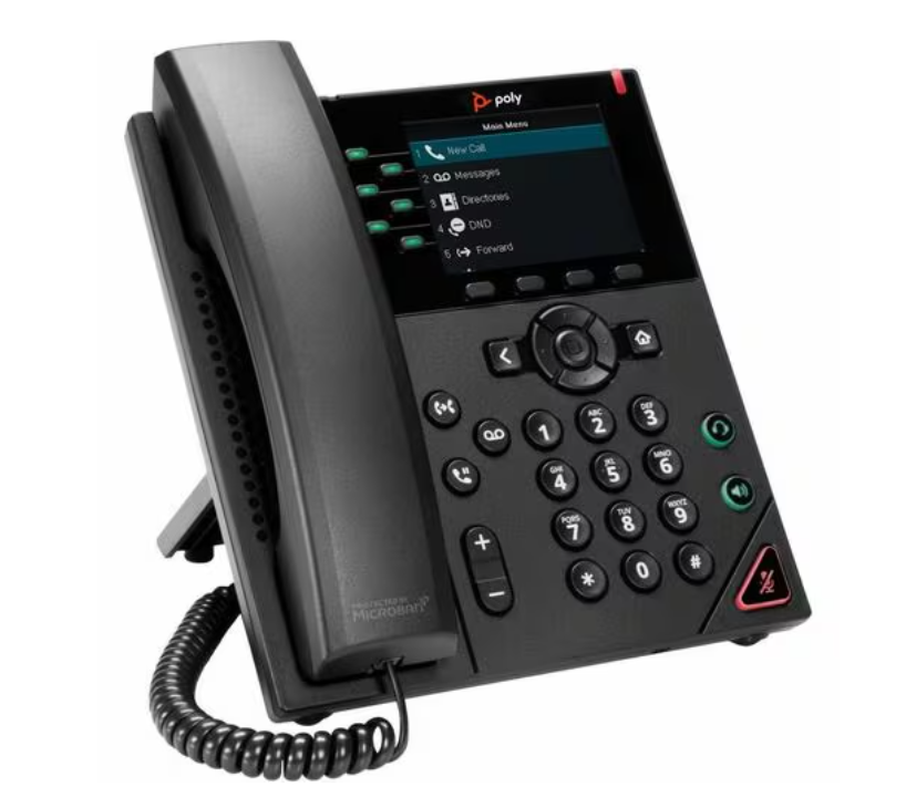 Polycom phone (Poly VVX 350) with color LCD screen, six-line display, and corded handset on desktop stand.