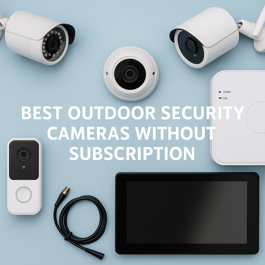 A digital photograph displays outdoor security cameras, a DVR, video doorbell, and monitor arranged on a blue surface with bold text promoting the best outdoor security cameras without subscription.