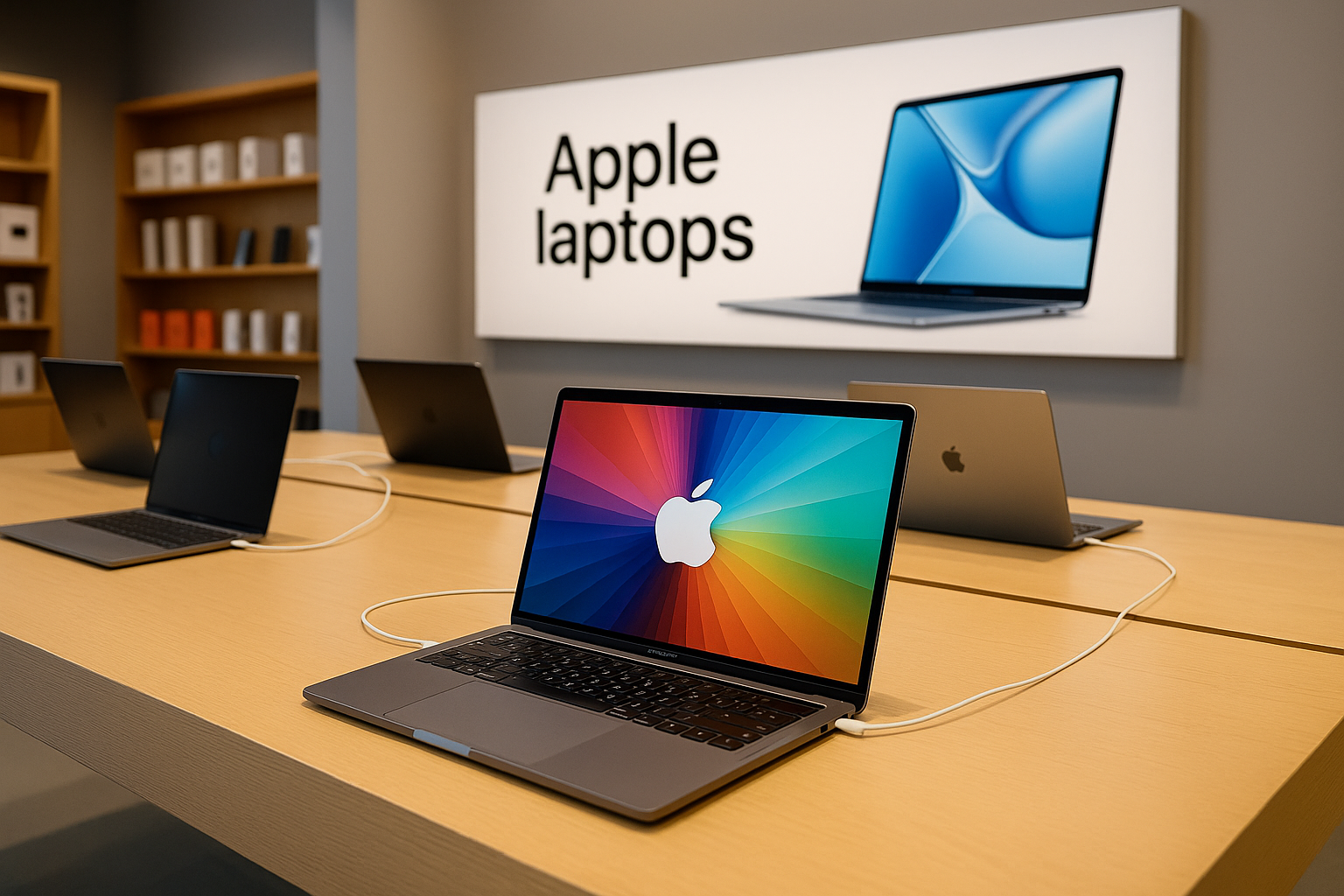 A high-resolution digital photograph displays an Apple store showcasing several Apple laptops on display tables, promoting sales of the latest MacBook models.