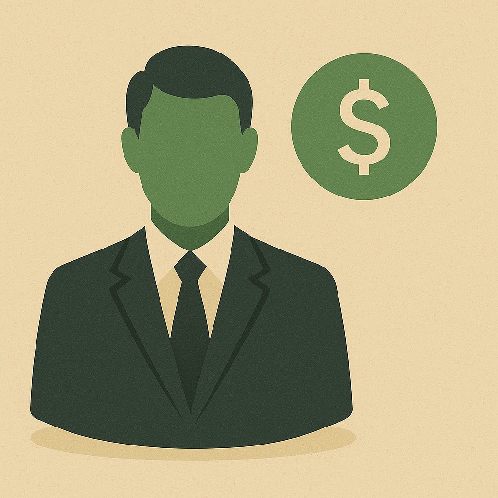 Illustration of a faceless businessman in a suit with a green dollar sign icon next to him, symbolizing financial decision-making or business investment.