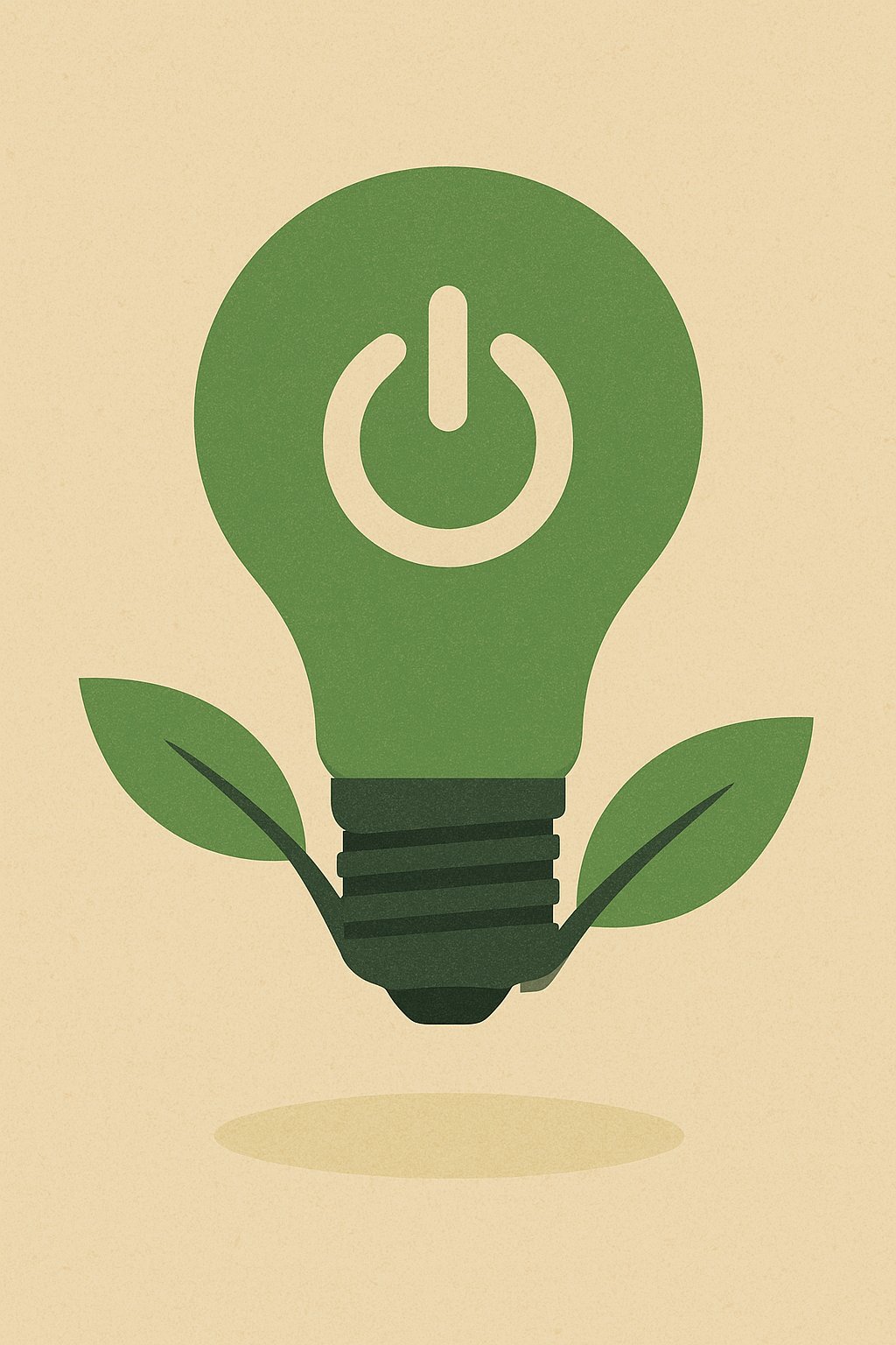 Illustration of a green lightbulb with a power symbol and two leaves growing from its base, representing the concept of eco-friendly energy or sustainable power.