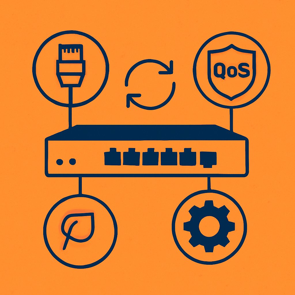 Flat-style illustration of a central network switch connected by lines to four icons representing Ethernet, QoS, energy efficiency, and system settings—symbolizing D-Link’s smart, integrated design approach.