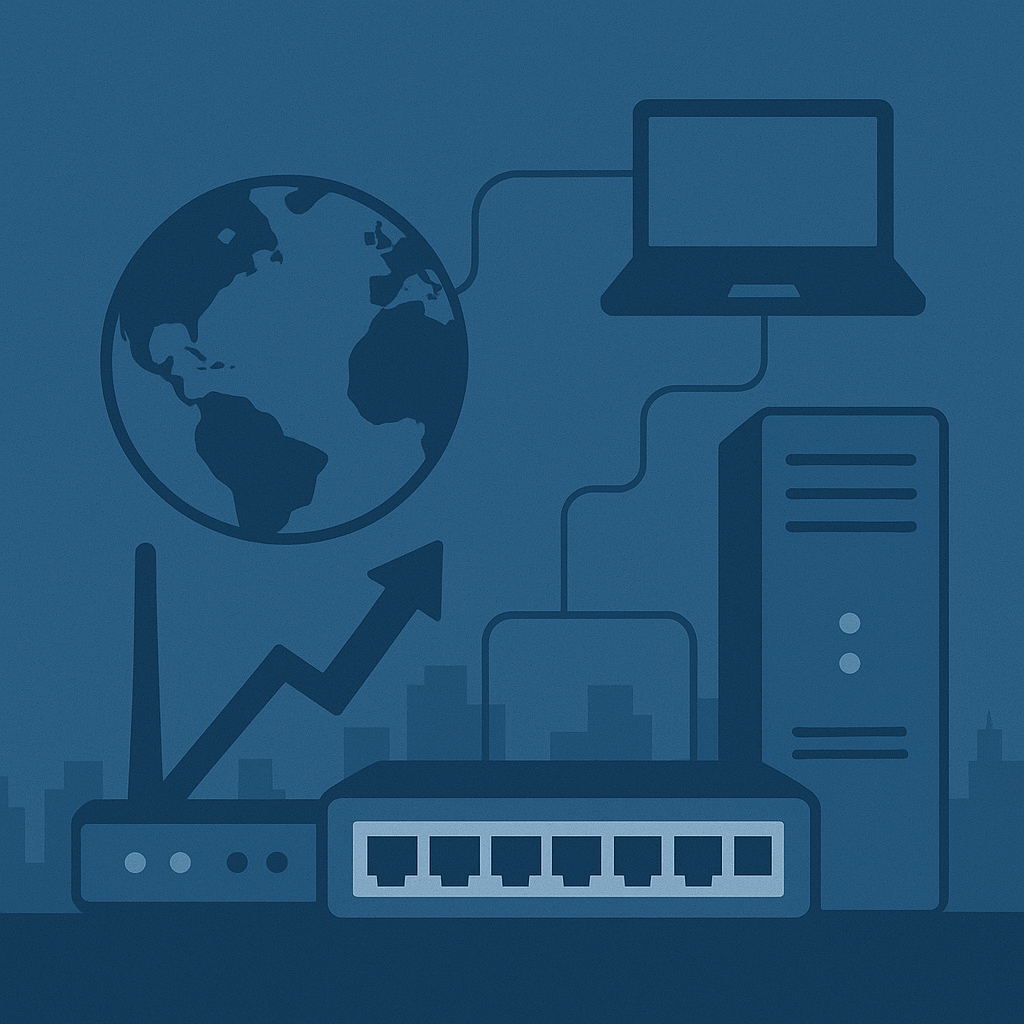 A flat-style digital illustration depicts global technology expansion, featuring a globe, upward arrow, networking devices like a router, switch, server, and laptop, all interconnected against a modern cityscape backdrop.