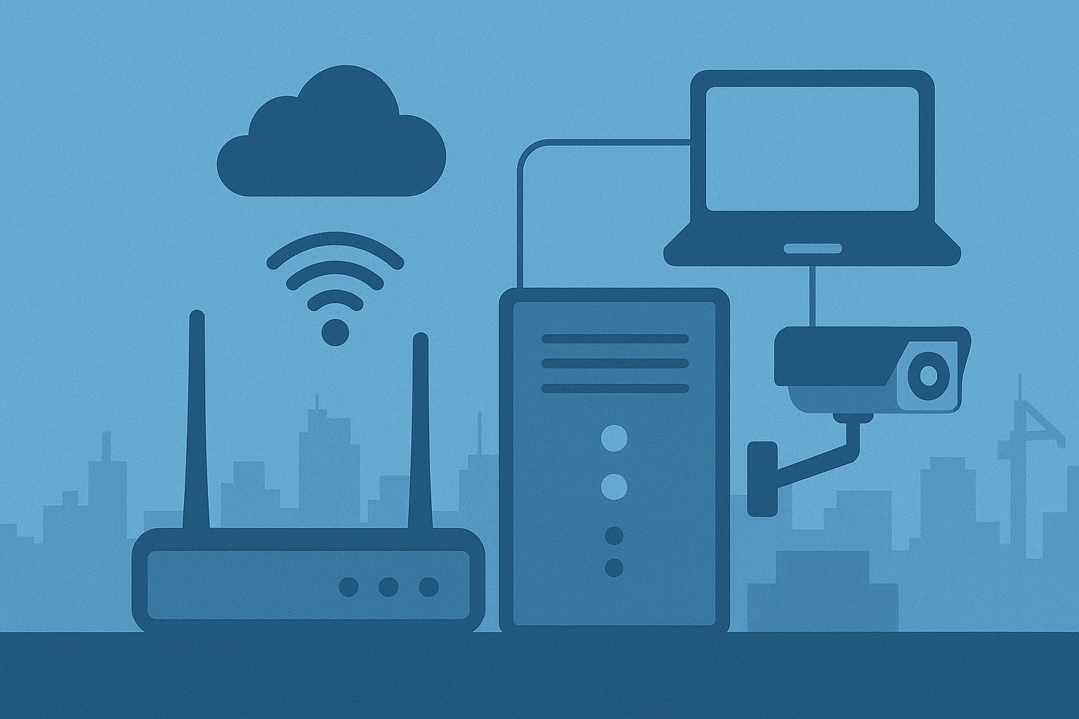  A flat-style digital illustration uses two shades of blue to represent consumer and enterprise technology, featuring a wireless router and cloud on one side and a server, laptop, and security camera on the other, all set against a modern cityscape backdrop.