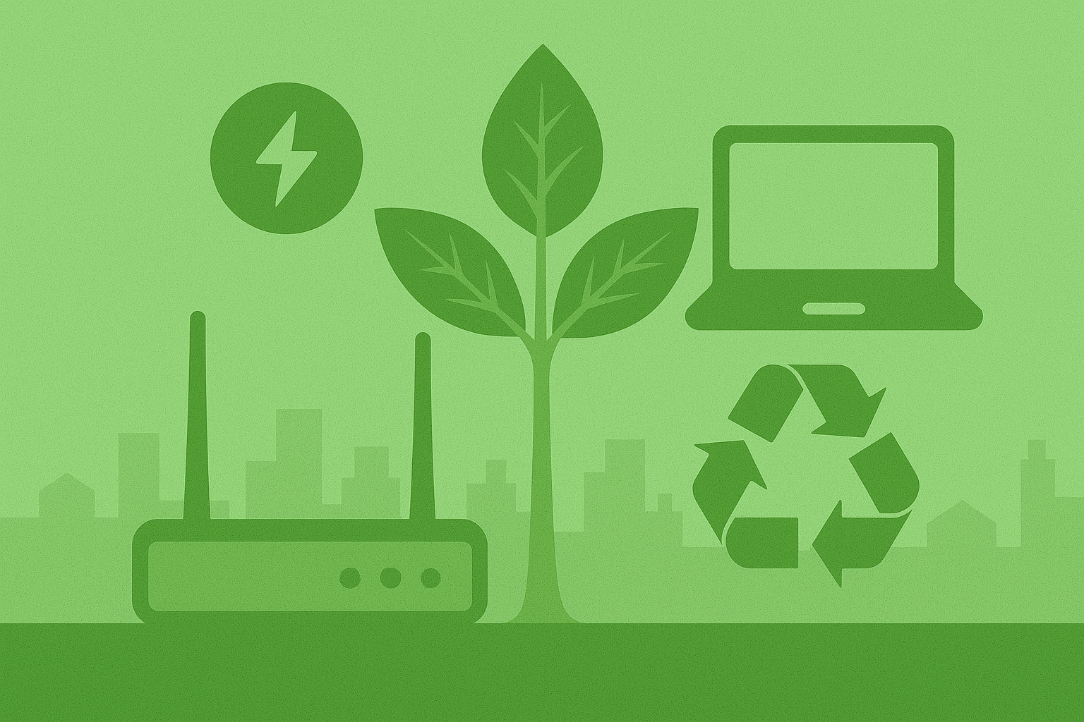 A flat-style digital illustration utilizes two shades of green to depict eco-friendly technology, featuring a central plant, a wireless router, a laptop, and a recycling symbol, all set against a modern cityscape backdrop.