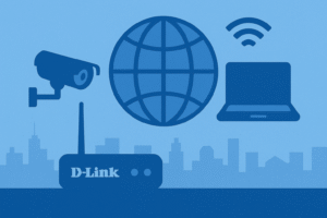 A flat-design digital illustration showcases technology in the modern era, featuring a D-Link router, surveillance camera, globe, laptop, and Wi-Fi icon, all set against a blue-toned city skyline backdrop.