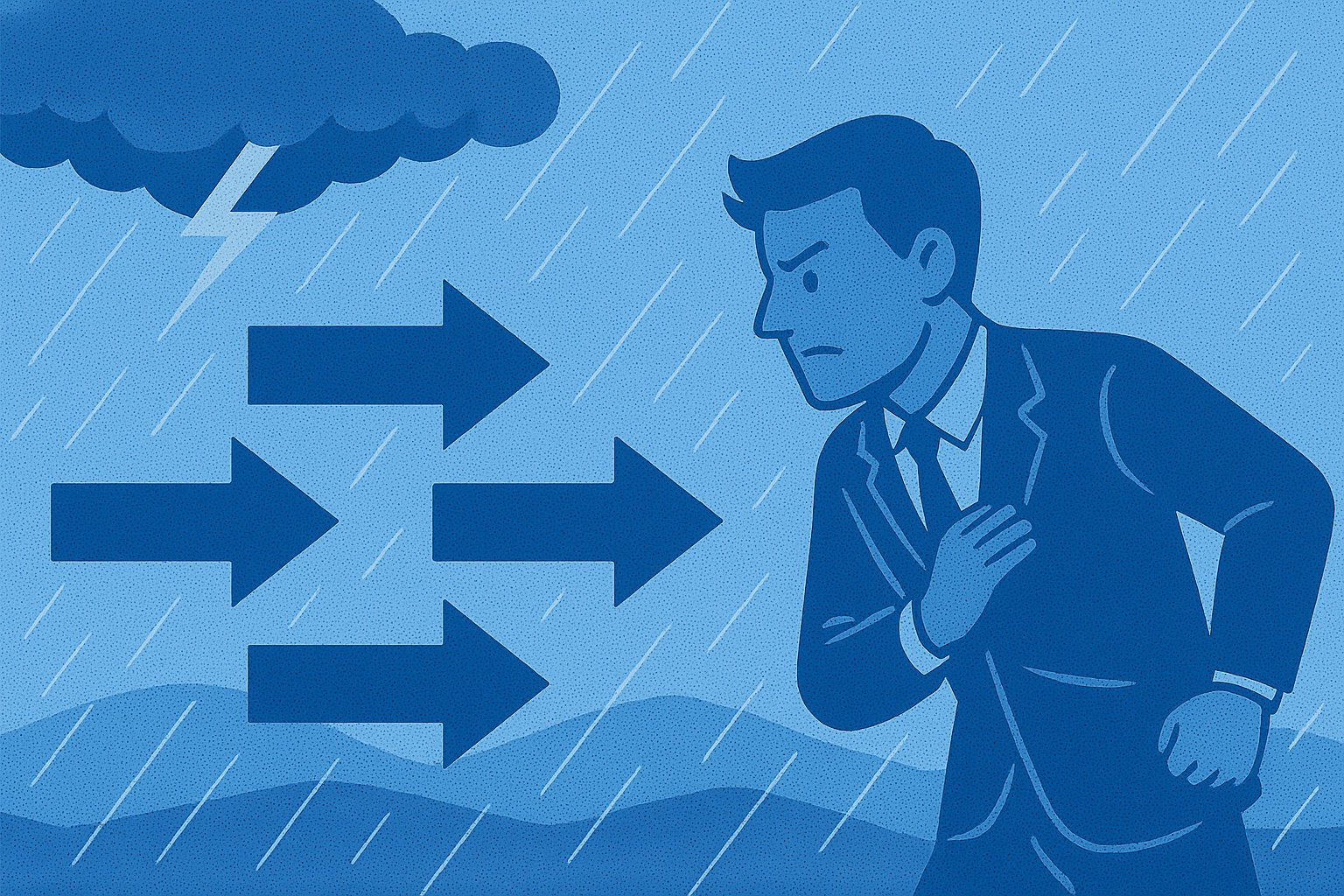 A flat-style digital illustration in two shades of blue depicts a determined businessman braving a storm with lightning and arrows representing challenges, symbolizing resilience and perseverance in a modern, minimalist landscape.