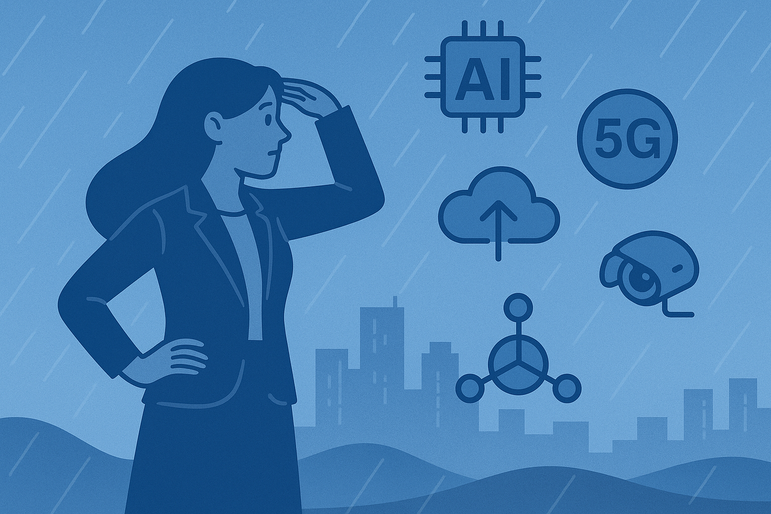 A monochromatic digital illustration in shades of blue shows a confident woman in a blazer gazing toward the future, surrounded by icons for AI, 5G, cloud computing, network structure, and surveillance, set against a cityscape and hilly backdrop with stylized rain lines.