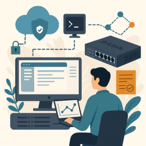 A flat-style digital illustration of a network administrator managing a D-Link system. The scene includes a computer monitor displaying a web GUI, a laptop with performance graphs, a D-Link network switch, cloud security icon, SSH terminal, and interconnected nodes, symbolizing advanced network management