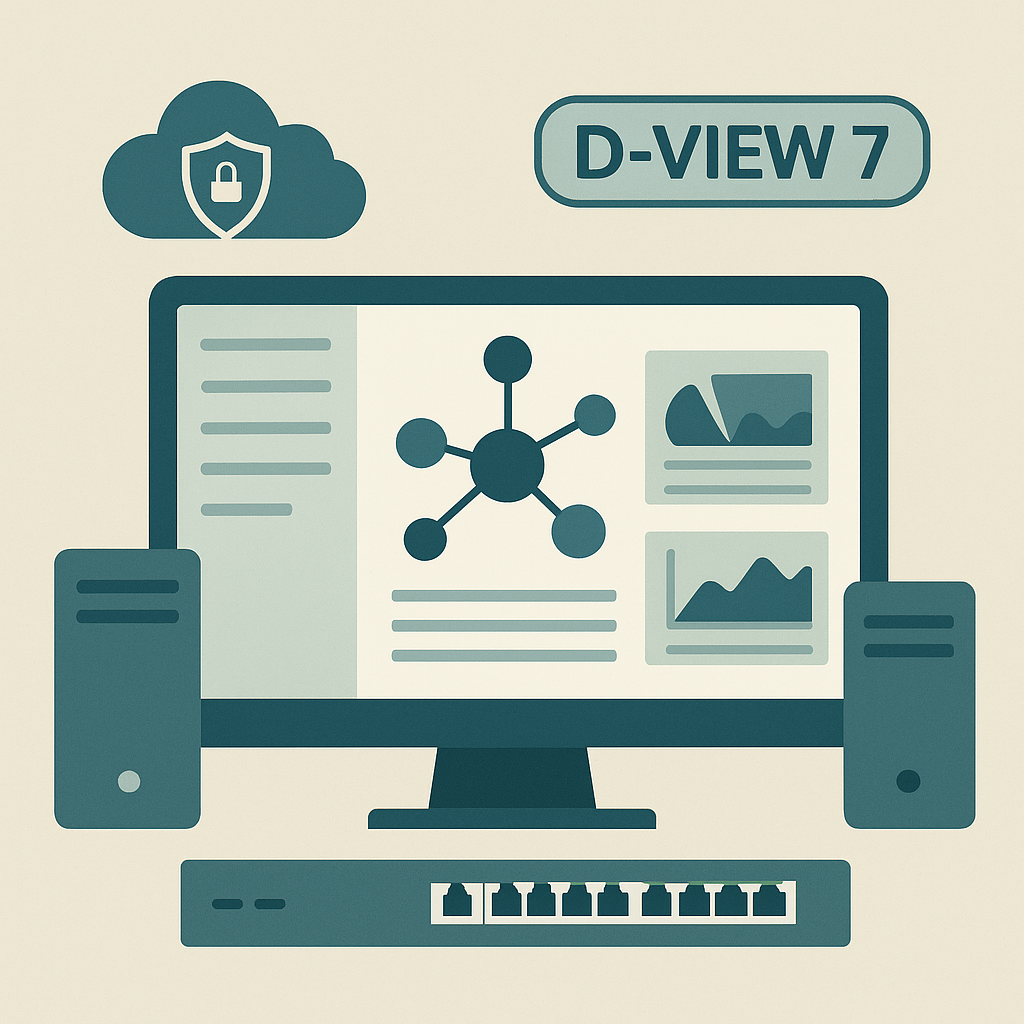 A flat-style digital illustration of a computer monitor displaying a network topology interface with graphs and charts, representing the D-View 7 management platform. Surrounding elements include a secure cloud icon, servers, and a rackmount switch, symbolizing centralized network control.