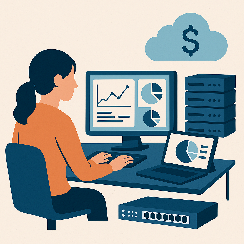 A flat-style digital illustration of a woman working at a desk with a computer monitor and laptop displaying graphs and pie charts. A stack of servers and a cloud icon with a dollar sign symbolize cost-effective network management without recurring fees