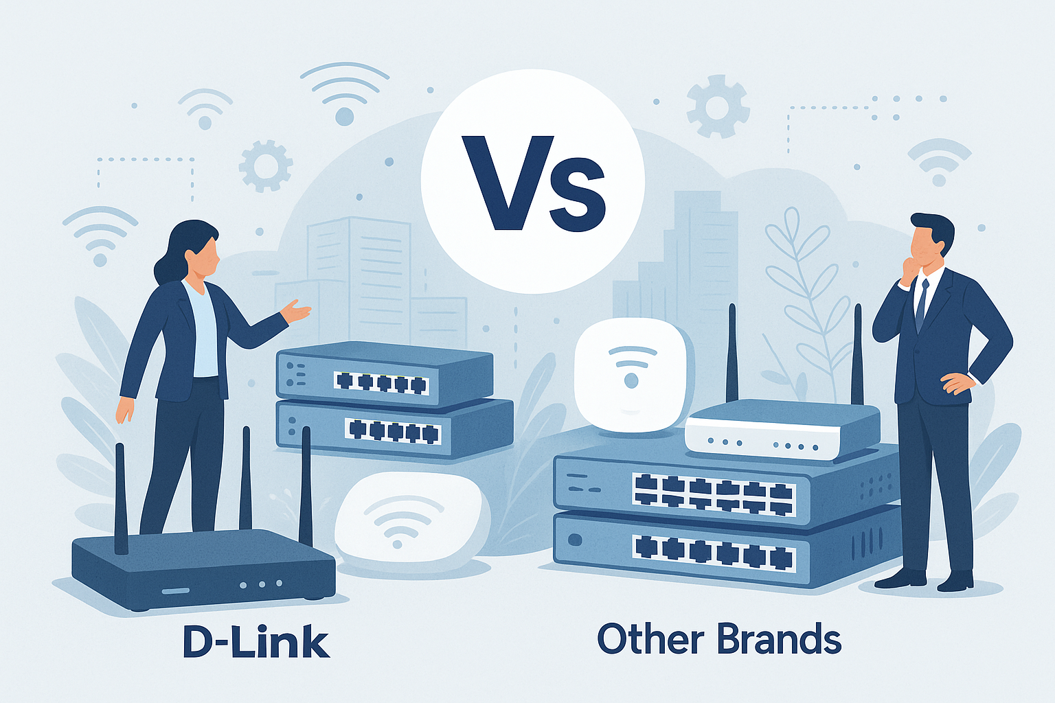 An isometric digital illustration compares D-Link networking equipment with other brands, featuring two business professionals and a variety of routers and switches, separated by a central “Vs” icon.
