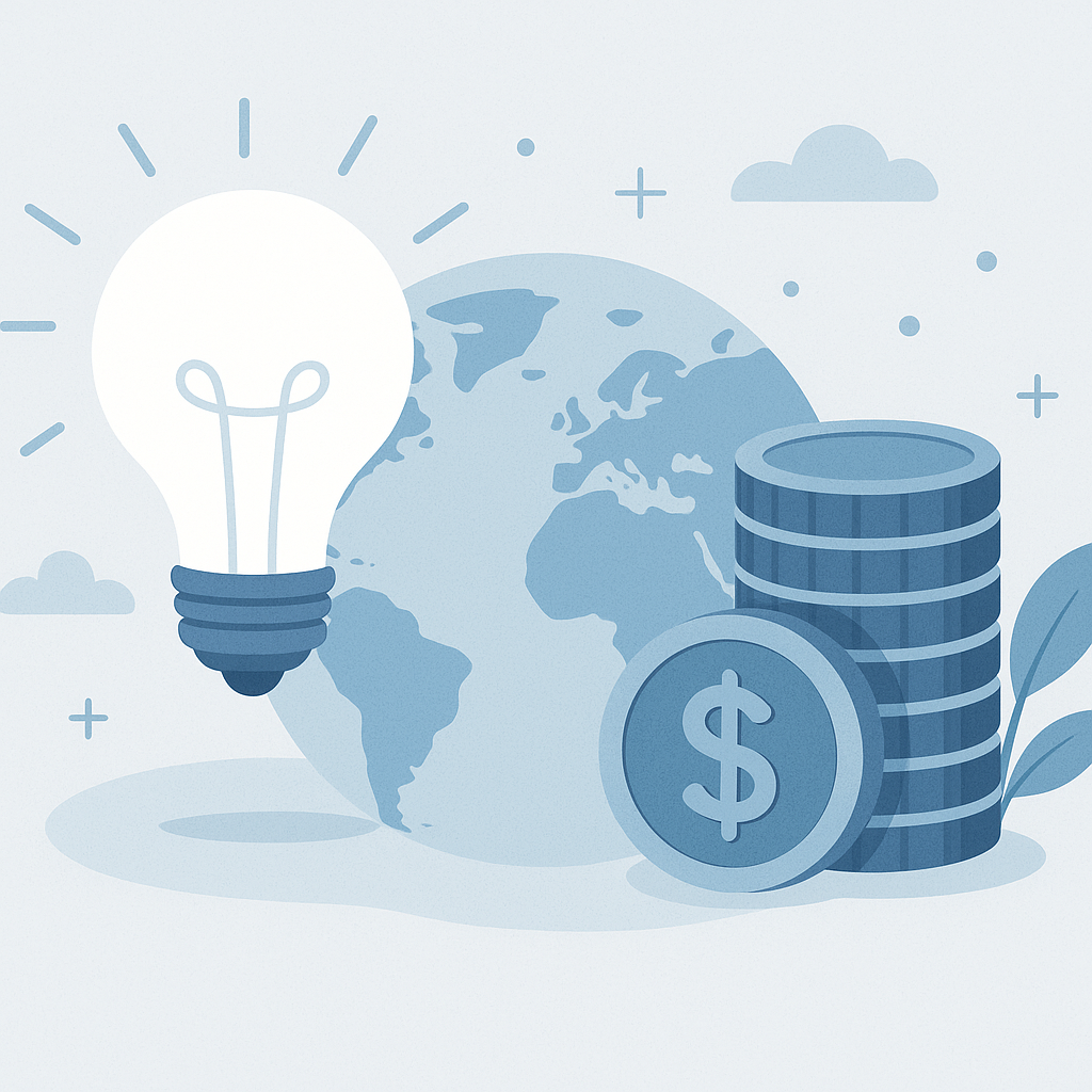 A flat-style digital illustration in shades of blue shows a glowing lightbulb over a world map representing innovation, next to stacked coins and a dollar symbol denoting affordability.