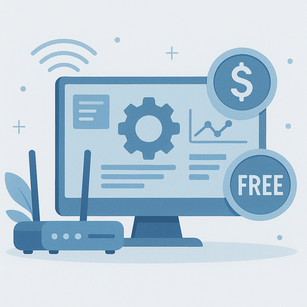 A flat-style digital illustration in monochromatic blue shows a computer screen with a gear icon and analytics, a Wi-Fi router, and coins with a “FREE” badge, symbolizing advanced network management features at no cost.