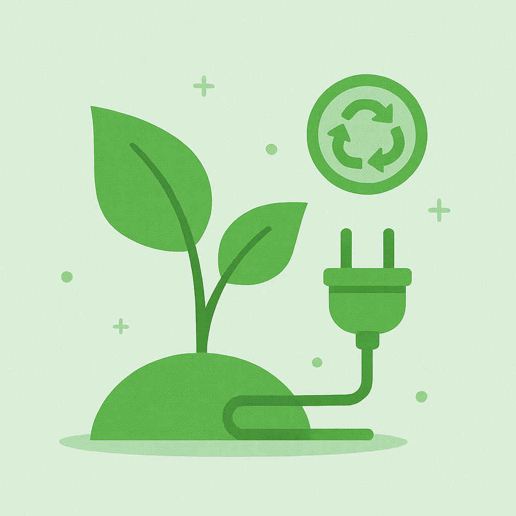 A flat-style digital illustration showcases environmental sustainability, with a green plant sprouting from a mound of soil, a power plug connected to it, and a recycling symbol above—representing a commitment to green technology.