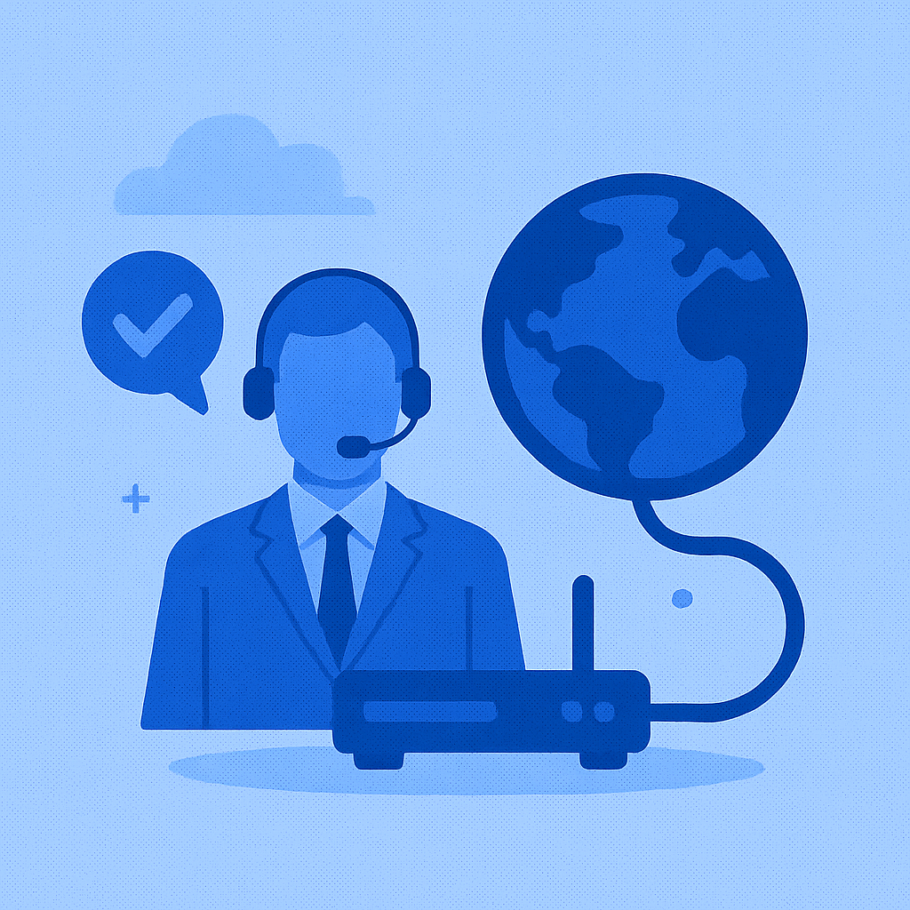 A flat-style digital illustration features two main elements—an illustrated support representative wearing a headset with a checkmark speech bubble, and a stylized globe connected to a Wi-Fi router—symbolizing reliable customer support and global presence.