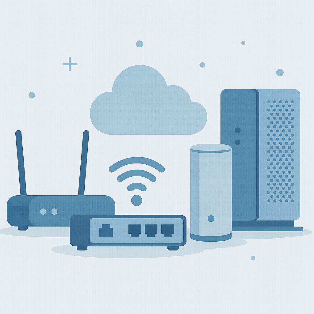 A flat-style digital illustration in shades of blue features a collection of networking devices including a wireless router, Wi-Fi extender, modem, and network switch, with a central cloud and Wi-Fi signal icon representing a wide range of use cases.