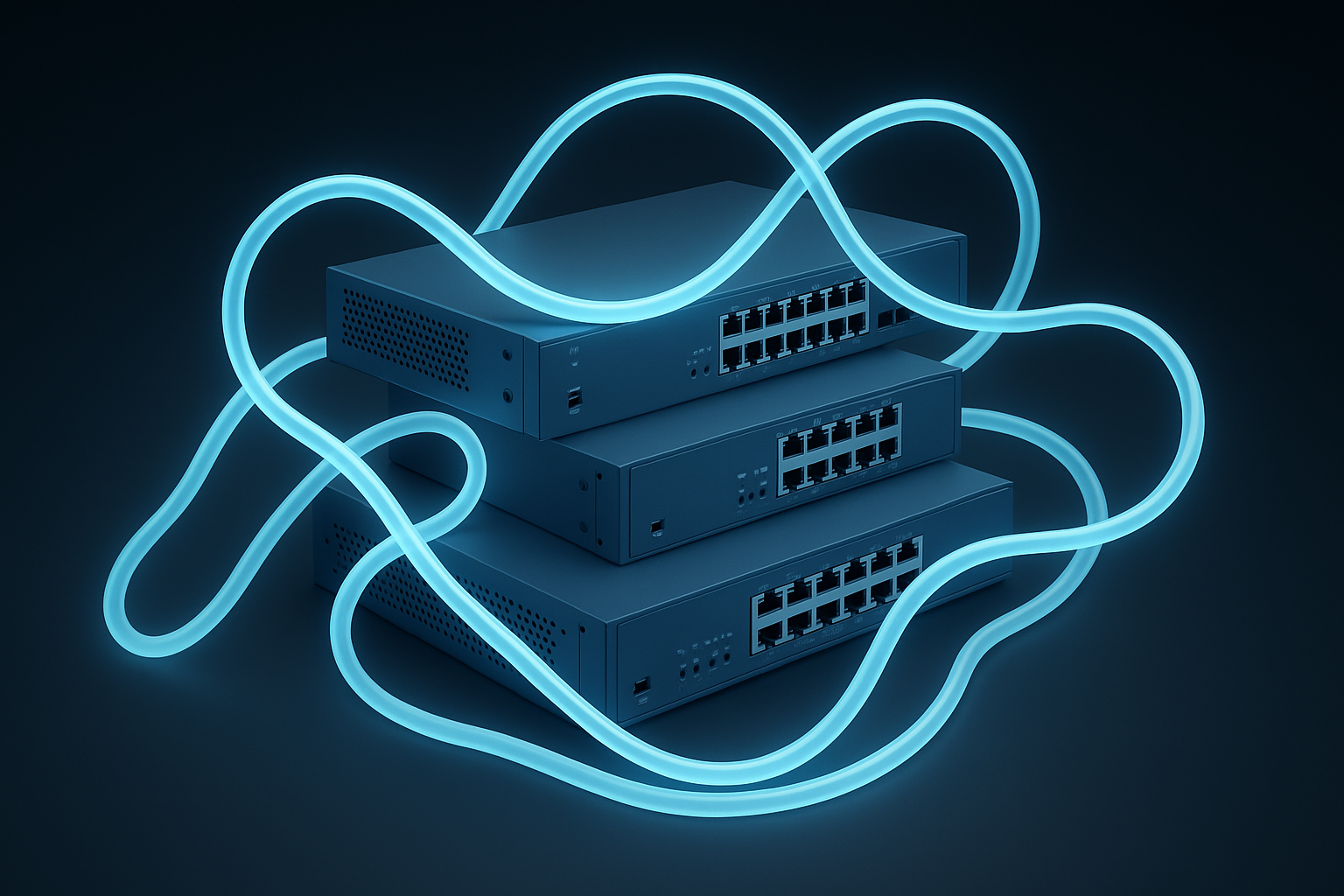 A 3D-rendered digital artwork displays four stacked blue network switches connected by glowing light-blue cables, set against a dark gradient background