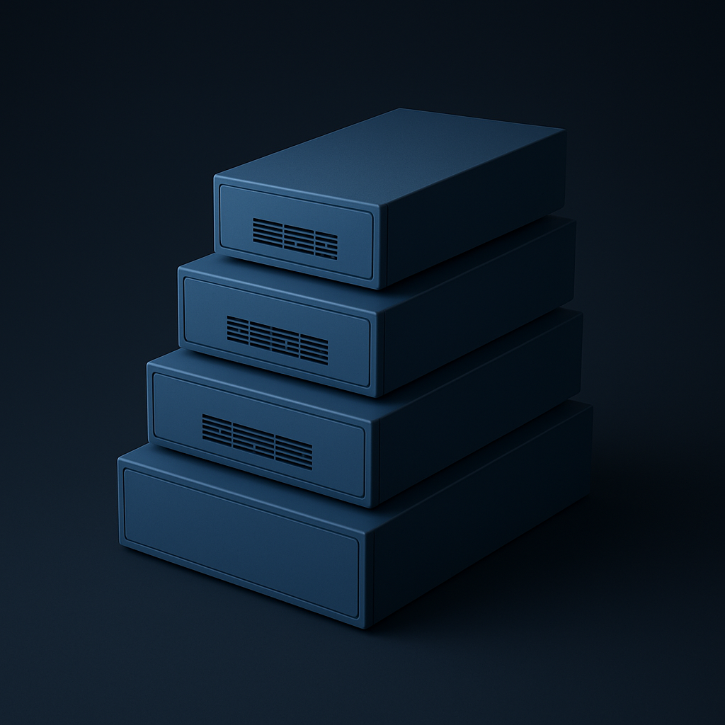 A 3D-rendered digital image features a vertically stacked set of four matte blue server units arranged symmetrically against a dark gradient background, symbolizing full stack support. Ask ChatGPT