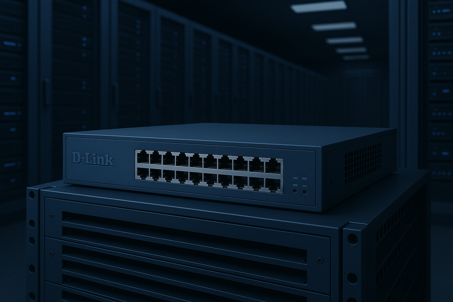 A 3D-rendered digital image depicts a D-Link network switch with 24 Ethernet ports mounted on a server rack in a dark, modern data center, with rows of server cabinets fading into the background under soft blue lighting.