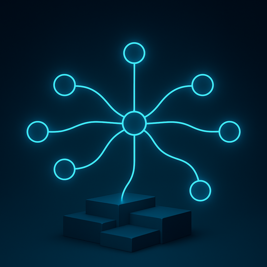 A 2D digital image features a glowing network diagram with a central cyan node connected to eight surrounding nodes by curved lines, all placed over abstract dark-blue server blocks, symbolizing static and dynamic routing.