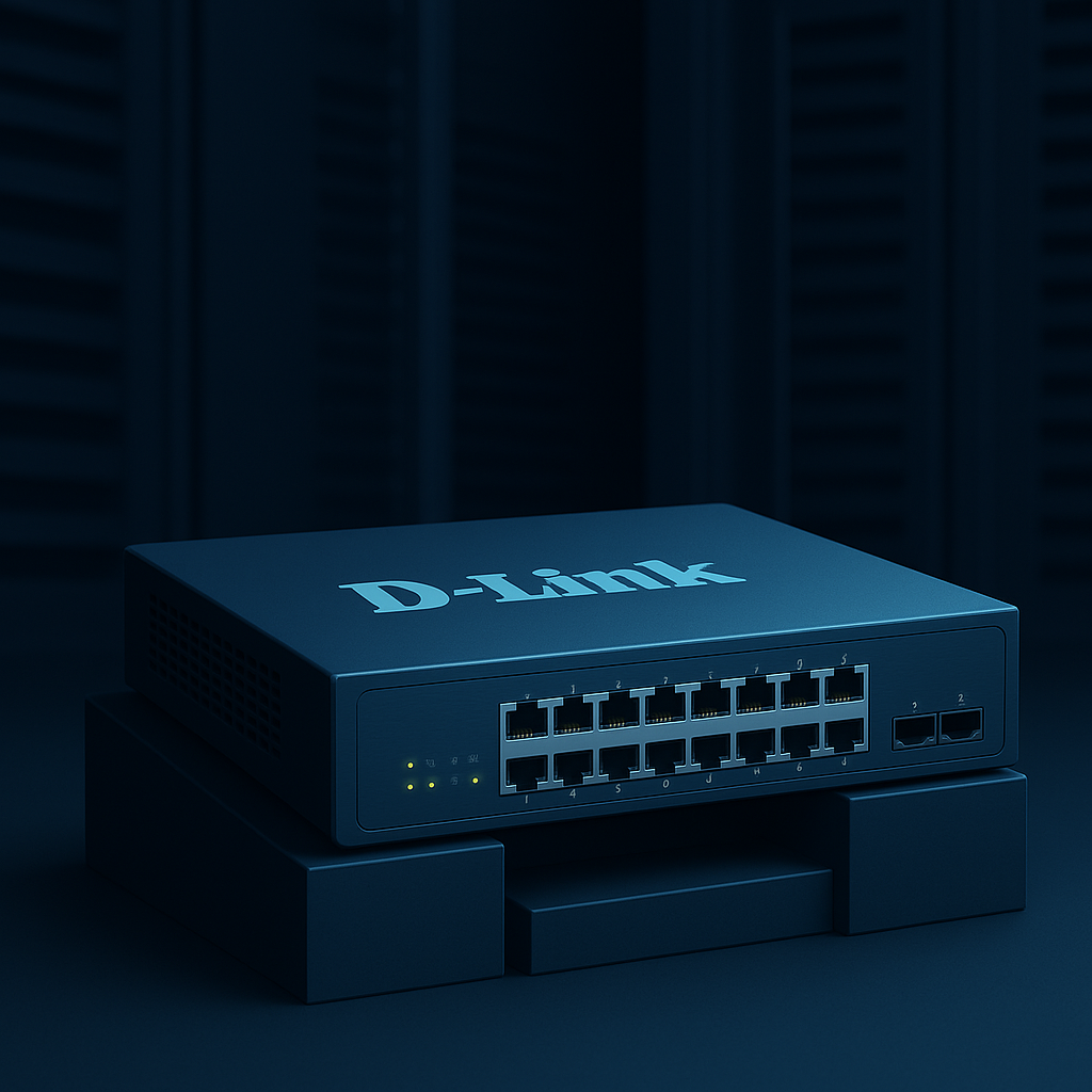 A 3D-rendered digital image showcases a D-Link network switch with multiple Ethernet ports and glowing indicator lights, placed on elevated blocks in a modern data center with dark server racks in the background.