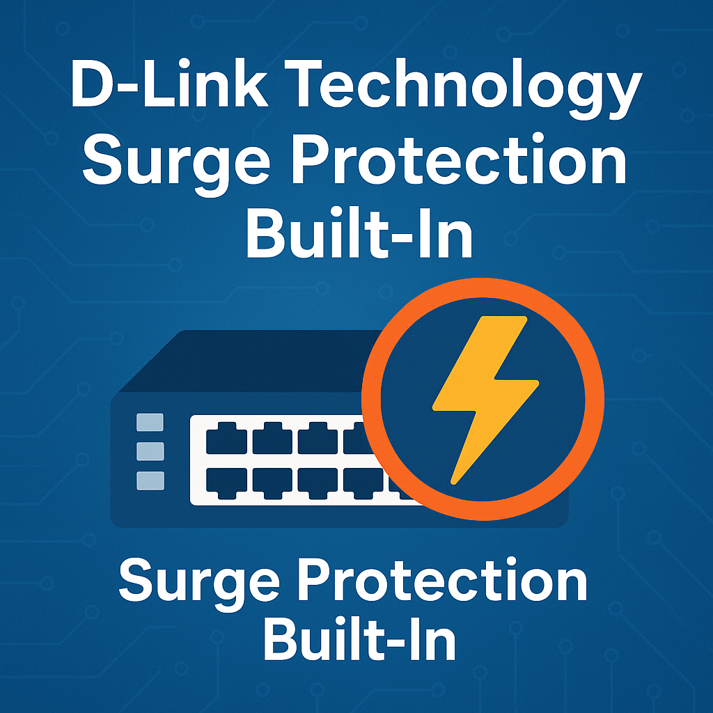 Illustration of a D-Link network switch with a bold orange lightning bolt symbol, representing built-in surge protection technology, set against a blue circuit-patterned background.
