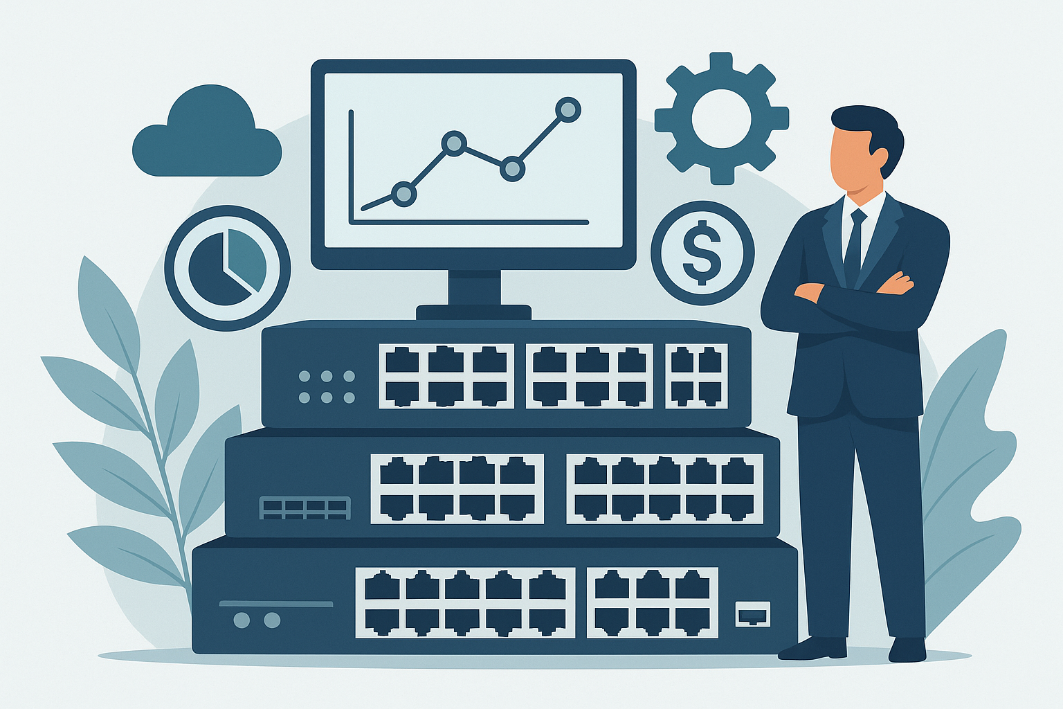 Illustration of a business professional standing beside network switches, with a computer monitor displaying a line graph, gear icon, dollar symbol, and pie chart—representing D-Link’s advanced network management tools