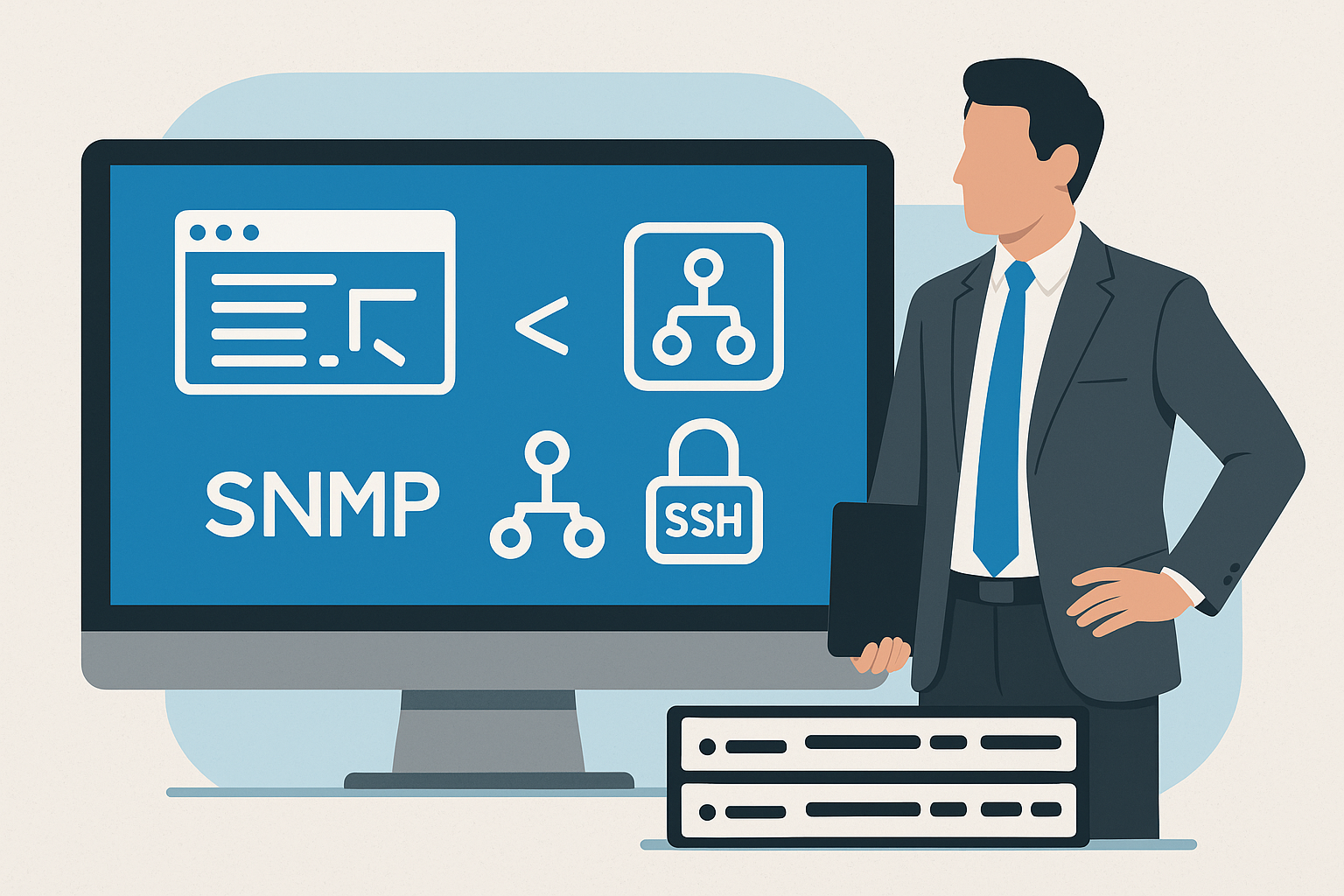 Illustration of a business professional pointing at a large web interface screen, with labeled cloud icons for CLI, SNMP v1/2c/3, RMON, and SSH, representing multi-interface network control options."