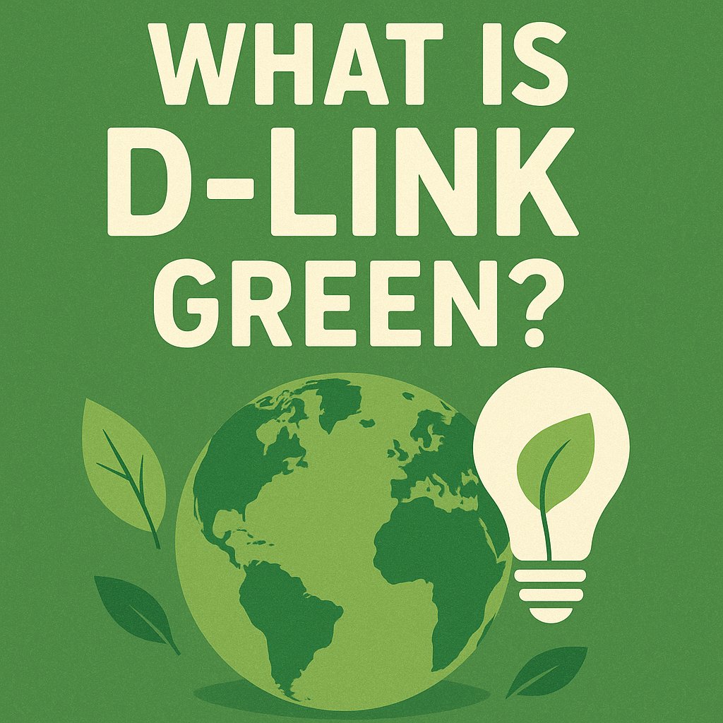Illustration of a green Earth with leaves and a lightbulb featuring a leaf inside, representing eco-friendly technology. The visual emphasizes environmental sustainability in tech, associated with D-Link Green initiatives.