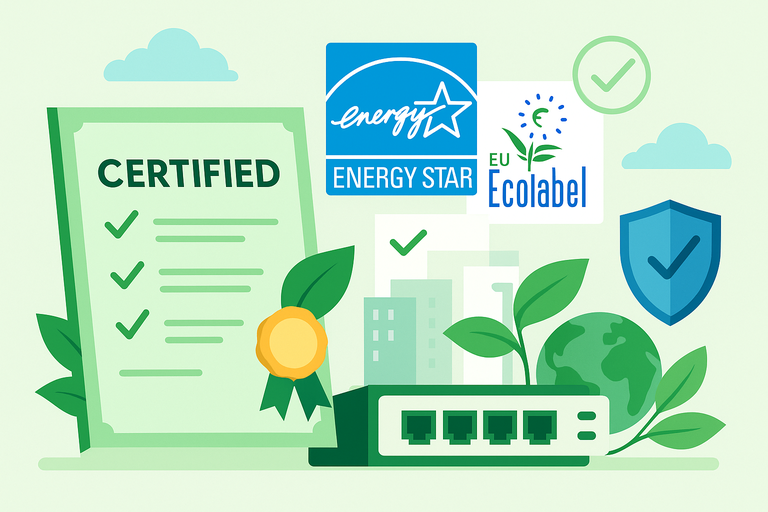 A flat-style digital illustration depicts certification and compliance symbols including a green certificate marked "CERTIFIED", ENERGY STAR and EU Ecolabel logos, a network switch, shield, and checkmarks representing adherence to global environmental and safety standards.