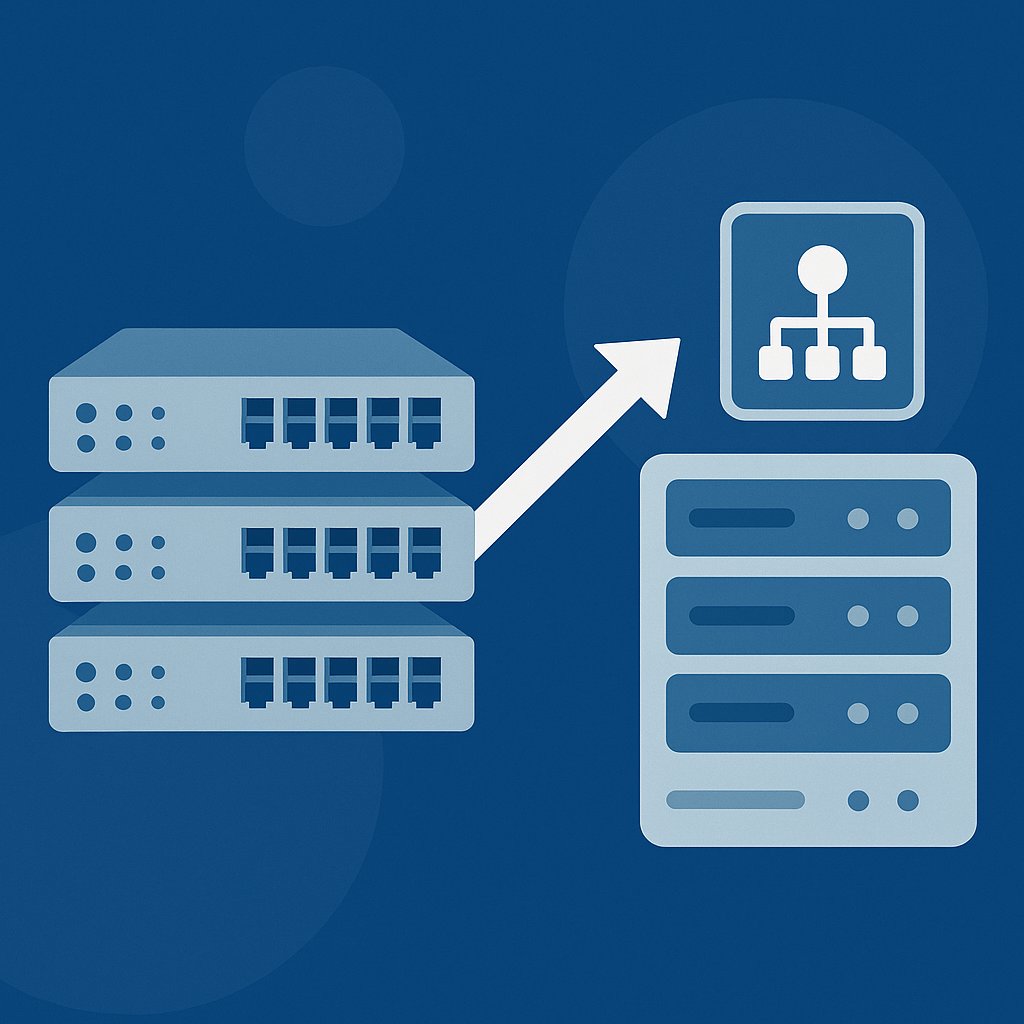A flat-style digital illustration showing three stacked network switches on the left connected by an upward white arrow to a server rack on the right, representing high-speed uplinks, all set against a deep blue background.