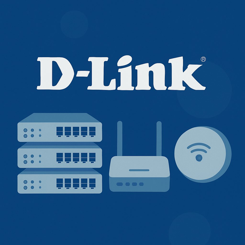A flat-style digital illustration on a blue background showing stacked D-Link network switches, a wireless router, and a round access point, with the D-Link logo prominently centered above.