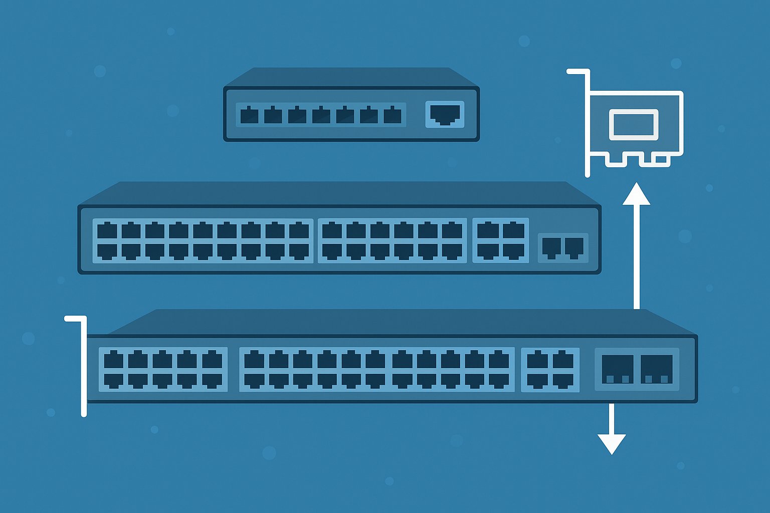 2D digital illustration of three stacked network switches with multiple ports, connected by white arrows to a stylized network interface card, on a blue background with soft circular patterns.