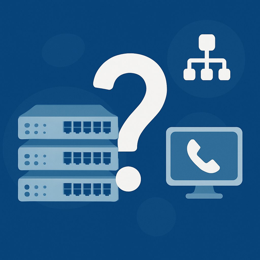 A flat-style digital illustration featuring a large white question mark centered between network switches, a desktop monitor with a phone icon, and a hierarchical network diagram on a deep blue background.